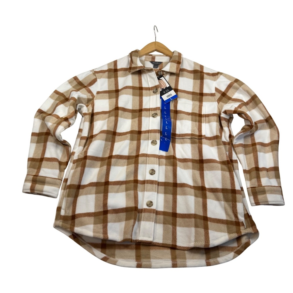 Eddie Bauer Womens White Tan Plaid Microfleece Button Up Shirt Shacket Large NEW